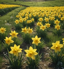 Obraz premium Sunlit daffodil field, vibrant yellow blooms, lush green grass, wildflowers, yellow flowers