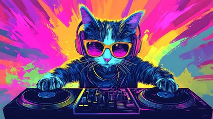 Cat dj mixing music pop art style