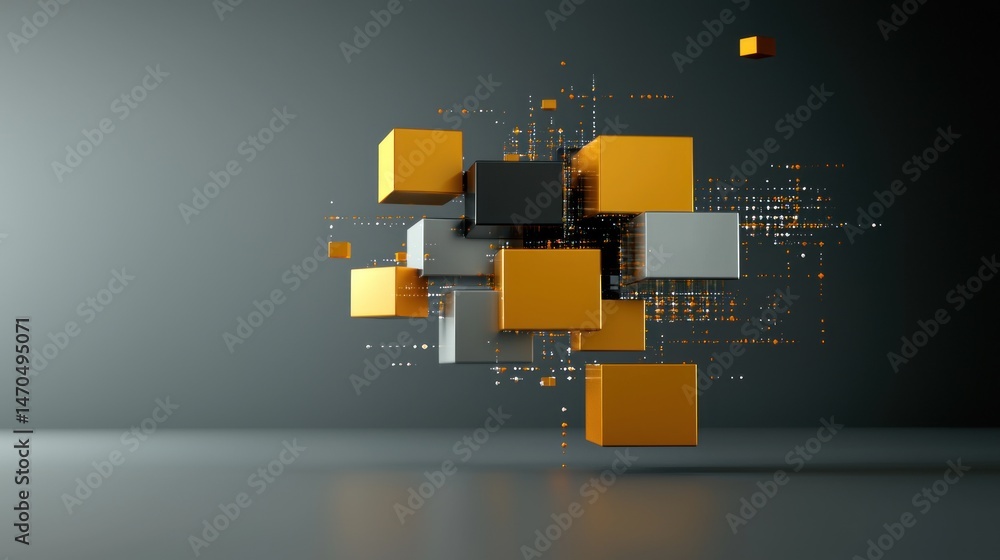 Poster Abstract composition showing floating colored cubes and many small dots