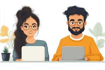 Cartoon illustration of smiling man and woman with laptops working together, casual office or home workspace with friendly atmosphere

