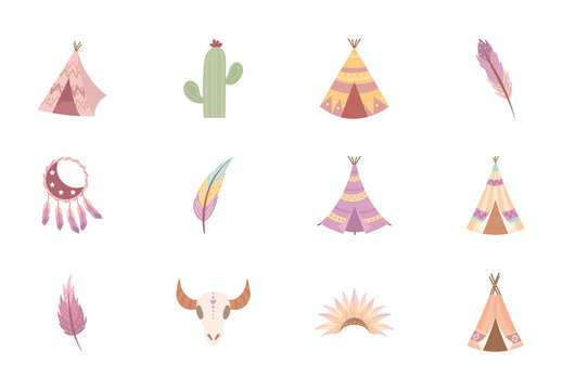 Pastel Tribal Feather Cactus Teepee Western Elements Set
