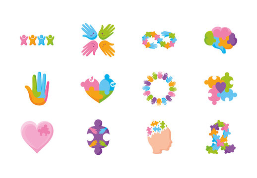 Colorful Puzzle Support Brain Hand Autism Icons Set