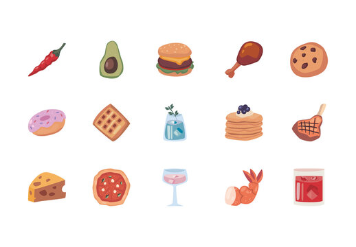 Colorful Delicious Fresh Snack Meal Icons Set