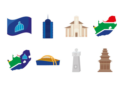 Colorful Landmark Bridge Map Building Travel Icons Set