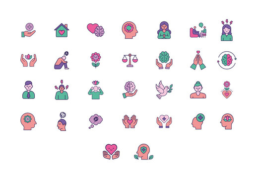 Purple Green Calm Mind Brain Therapy Support Icons Set