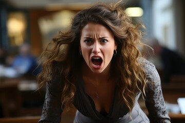 Furious woman screaming in office during emotional outburst