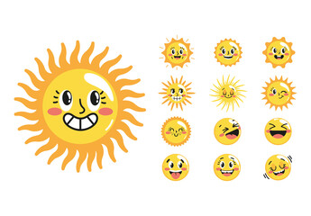 Yellow And Black Funny Sun Faces Cartoon Stickers Set
