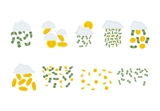 Green Raining Cloud Wealth Concept Money Coins Illustration Set