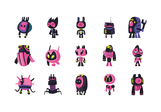 Pink And Black Robots Cute Vector Characters Stickers Set