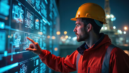Engineer monitors oil rig operation, refinery, petrochemical plant. Person in helmet, looking at digital interface. Oil, gas industry tech, sustainability, energy production, extraction. Clean energy