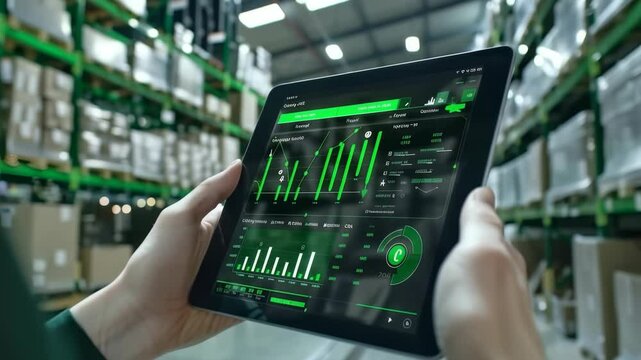 A tablet displaying warehouse data sits in the hands of a worker. Shelves full of products are visible in the background, indicating an organized system for managing goods and tracking metrics. - Powered by Adobe