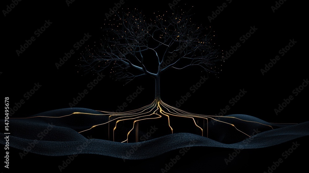 Poster Illuminated abstract tree shows branches with golden shining light