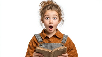 A bright student girl holding a book, showing enthusiasm for learning, isolated on a white background