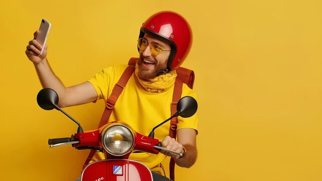 A smiling delivery man on a red scooter with a matching helmet is checking his phone. He is wearing a yellow shirt and scarf against a yellow background, looking ready to deliver an order.