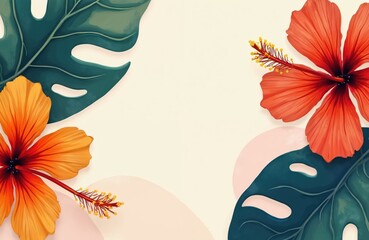Abstract floral background with vibrant tropical hibiscus flowers and leaves in orange red and green. Botanical design for wallpaper, fashion prints, poster, banner, wedding invitation cards.