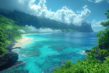 Tropical paradise island in the open sea with mountains and clouds