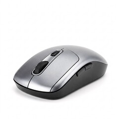 Silver and black wireless computer mouse with a scroll wheel, isolated on white