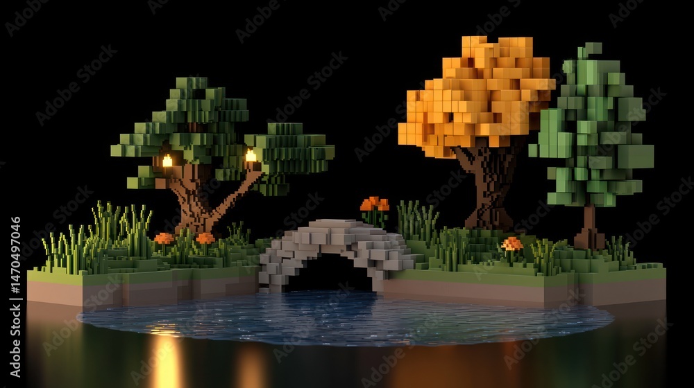 Poster a pixelated landscape displays trees a bridge and water