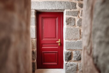Fototapeta premium Red wooden door framed by rustic stone walls, inviting entry with a warm ambiance, showcasing architectural details and textures in a cozy environment