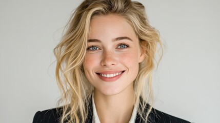 Fototapeta premium A businesswoman with long blonde hair, smiling gracefully in a professional suit, isolated on a white background