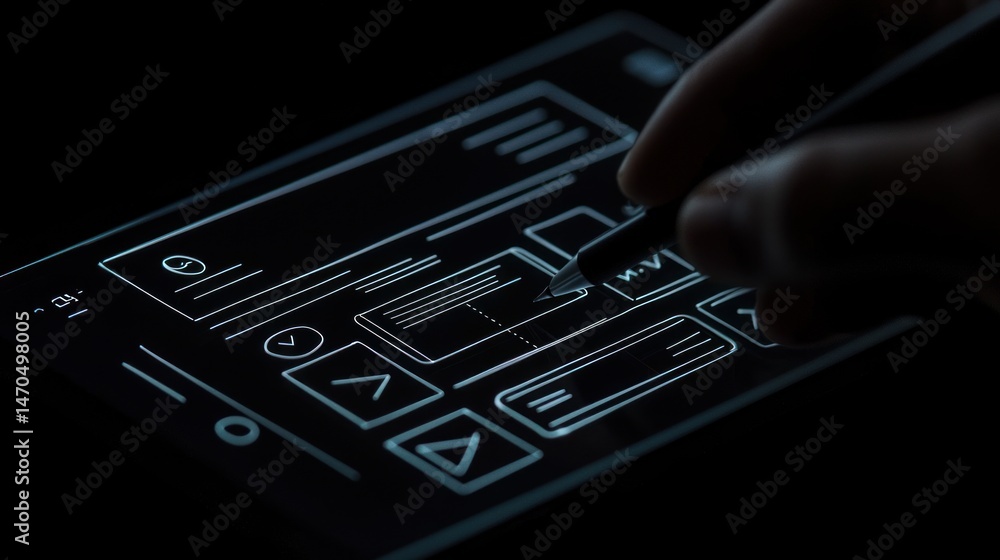 Poster Hand using a stylus to design digital interface on device