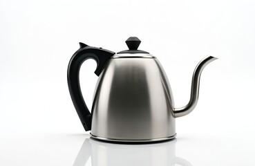 Modern stainless steel tea kettle with black handle, a shiny kitchen appliance for preparing hot drinks. The product on clear surface ideal for coffee shops menu tech and interior design.