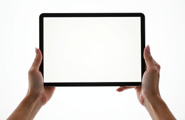 Female hands holding tablet device with blank white screen. Isolated on white background. Modern mobile tech, gadget mockup. Perfect for app presentation, business advertisement, web design.