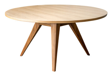 Modern round wooden table with stylish angled legs isolated on a black background