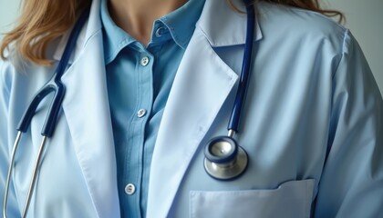 Doctor with stethoscope wearing white coat blue shirt, offering primary care, routine health services. Medicine, healthcare in UK, community well-being. Health checkup, diagnosis, treatment, patient