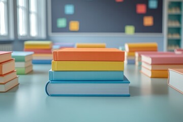 Stack of colorful books on a desk in a classroom setting.
