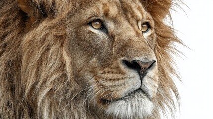 Fototapeta premium A majestic close-up of an African lion is face, showcasing its powerful features, isolated on a white background