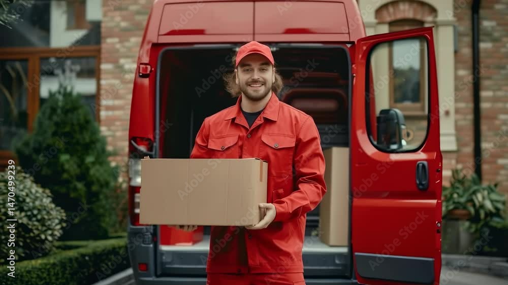 Aufkleber a smiling delivery driver wearing a red uniform holding a cardboard box standing in front of a red d