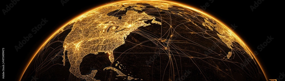 Poster glowing earth showing networks and lights against a black background