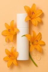 Floral Skincare Bottle with Orange Daylily Flowers on Soft Peach Background