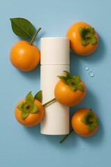 Skincare Bottle with Fresh Persimmons and Water Droplets on Blue Background