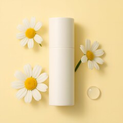 White Skincare Bottle with Chamomile Flowers and Dew Drop on Soft Yellow Background