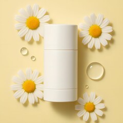 Minimalist Skincare Bottle Surrounded by Chamomile Flowers and Water Droplets