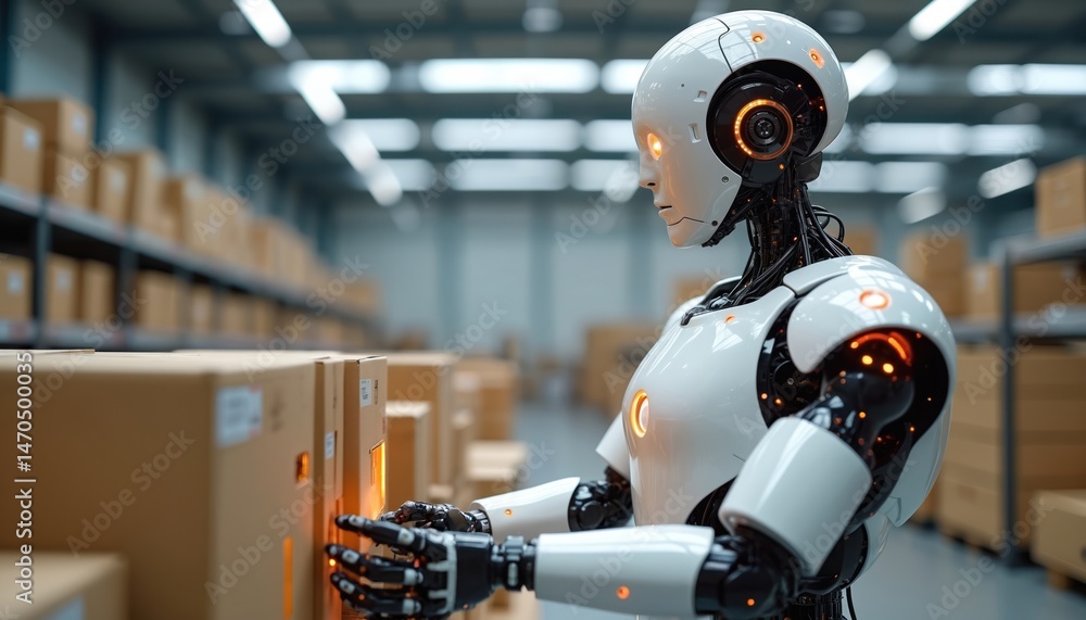 Aufkleber Robot works in automated warehouse with advanced AI tech. Sorting packages, handling them. Futuristic warehouse, innovation tech, cybernetic automation, logistics. Modern industry.