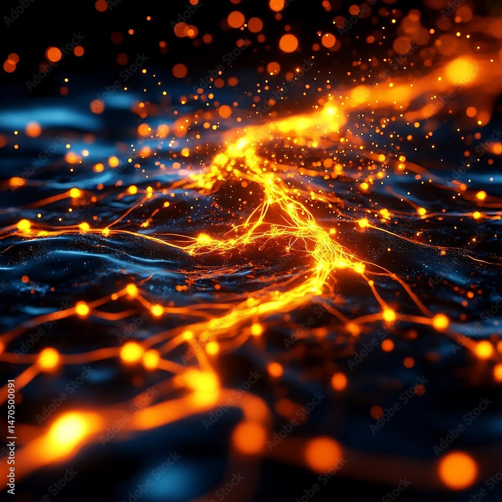 Poster digital neural network simulation with bright orange nodes and blue data streams