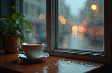 Steaming coffee cup sits by window on rainy day. Cozy home mood, relaxing with hot drink. Coffee aroma fills room. Rainy city view, warm atmosphere, wet window, reflections.