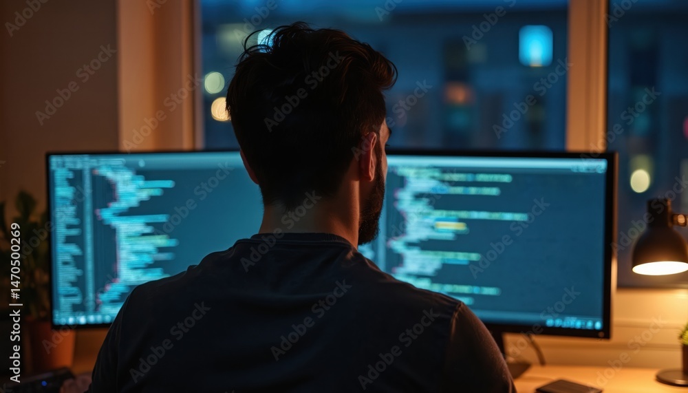 Leinwandbilder man works late night on computer. programmer, developer coding software, web design. coding on compu