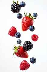 Obraz premium Levitating fresh mixed berries assortment. Includes blackberry, raspberry, blueberry, strawberry. Ripe fruits isolated on white background. Healthy food, organic, vegan diet, vitamin source. Berries