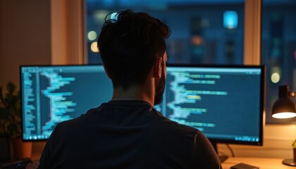 Man works late night on computer. Programmer, developer coding software, web design. Coding on computer screen at night, work desk, software development, modern tech, business, cyberspace.
