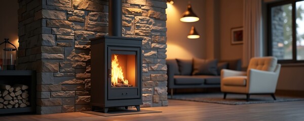 Cozy interior featuring lit fireplace, stone wall. Modern black stove, burning flames. Home, house, living room, warmth. Warm lighting. Fire, heat, metal, fuel, energy. Domestic appliance. Wooden