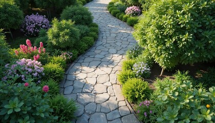 Stone walkway through garden. Rich green bushes, colorful flowers in bloom. Sunlight on stone path, creating serene, peaceful atmosphere. Nature, landscape design concept, landscaping for home.