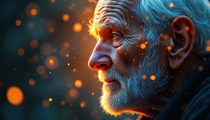 Elderly man portrait. Face wrinkles, grey beard. Artificial intelligence aging concept. Senior with future tech innovations. Futuristic design for medicals, tech, science, research longevity concepts.