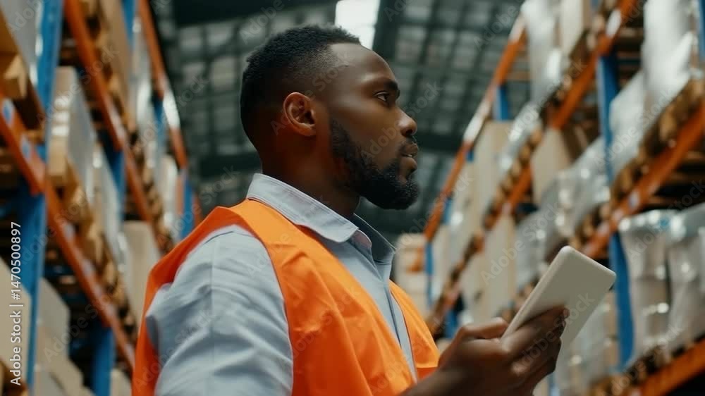 Poster a worker uses a tablet inside a busy warehouse to check the shelves. the background includes shelvin