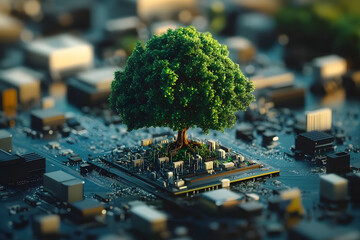 Green computing, lush tree growing on computer motherboard symbolizing sustainable technology