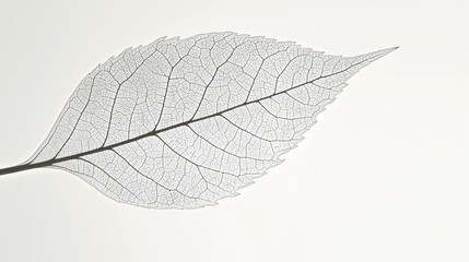Obraz premium An ethereal leaf skeleton exhibits intricate veins and delicate details against a stark white backdrop creating a minimalist and calming nature study photograph.