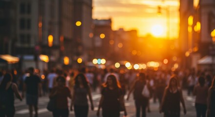 Obraz premium Blurred city street scene at sunset with crowds of people walking